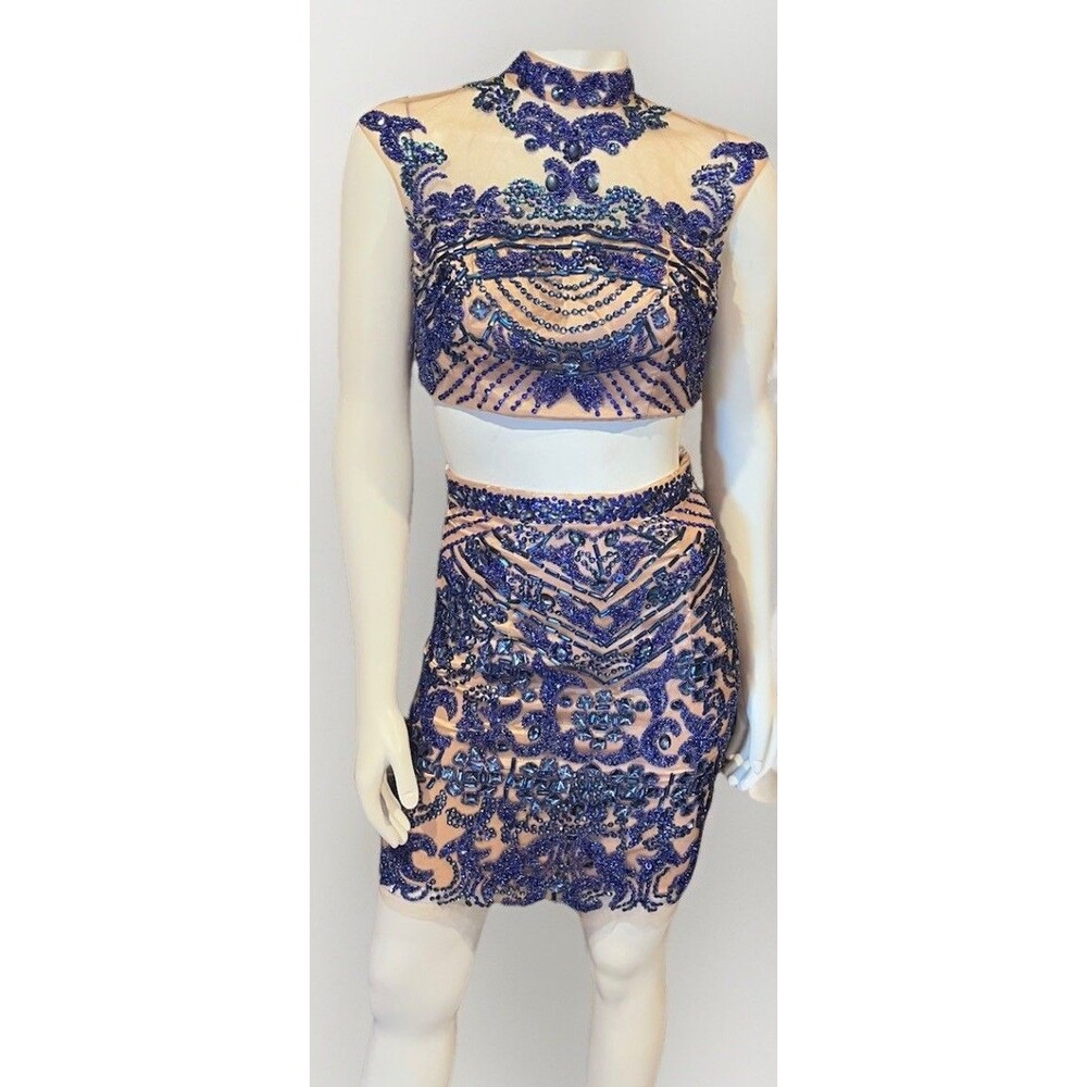 Sherri Hill Blue Beaded Sequin Two Piece Mini Dress Set Style 1952 Size 4